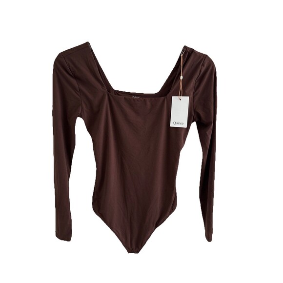 NWT Quince Brown Square Neck Long Sleeve Skim Second Skin Bodysuit Sz large - Picture 1 of 7